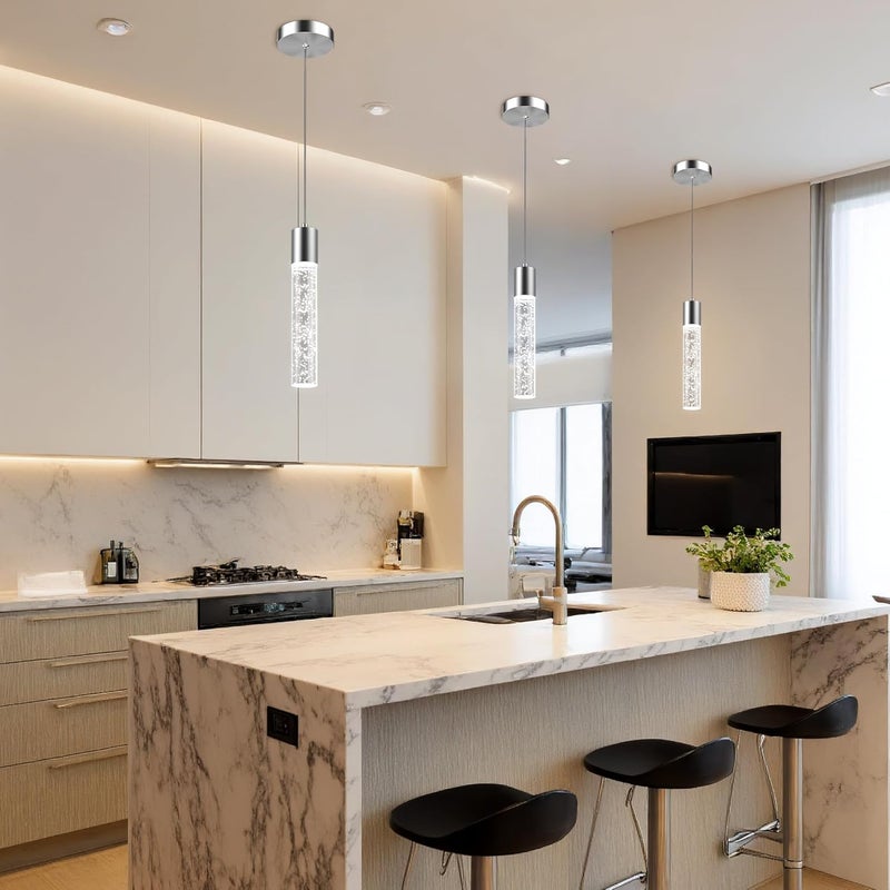 Esfos Pendant Lights Kitchen Island, 6500K Modern Kitchen Island Lights Brushed Nickel, 1 Pack Ceiling Lighting Fixtures with Crystal Bubble, Integrated LED Hanging Light for Dining Room Restaurant - Image 2